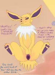 animal_genitalia animal_pussy blush bodily_fluids body_blush canid canine canine_pussy dialogue ear_blush eeveelution female generation_1_pokemon genital_fluids genitals hi_res jolteon lying mammal nightrose_desires nintendo on_back pawpads pokémon_(species) pokemon pokemon_(species) purple_pawpads purple_pussy pussy pussy_blush pussy_juice quadruped simple_background smug_face smug_grin solo spread_pussy spreading text upside_down_pussy video_games