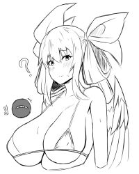 1girls ? angel_wings bangs bare_shoulders bikini bikini_top_only blush breasts breath collarbone dizzy_(guilty_gear) female fuuma_(bangolga1) greyscale guilty_gear hair_between_eyes hair_rings half-closed_eyes hand_on_own_chest highres kuromaru_(mugen) large_breasts long_hair looking_at_viewer m.u.g.e.n mature_female milf monochrome open_mouth sagging_breasts sideboob sidelocks single_wing skindentation solo steam steaming_body sweat sweatdrop swimsuit twintails underboob upper_body v wings