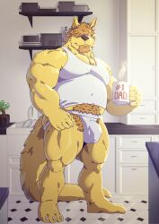 1boy 2018 anthro belly biceps bonsai bulge cabinet canid canine canis clothing coffee_mug domestic_dog facial_hair floor goatee hair hair_over_eyes hi_res holding_mug holding_object jockstrap kitchen kitchen_counter kitchen_utensils looking_at_viewer male male_only mammal manly mature_male mug musclegut muscular muscular_arms muscular_legs muscular_thighs navel_outline nipple_outline pecs plant pubes shirt slightly_chubby solo standing steam tank_top taoren tile tile_floor tools topwear triceps underwear vic_(delirost) white_clothing white_jockstrap white_shirt white_tank_top white_topwear white_underwear