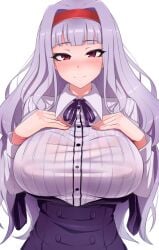 blush breasts female hairband highres idolmaster idolmaster_(classic) large_breasts looking_at_viewer nigane purple_eyes shijou_takane silver_hair smile solo upper_body white_background