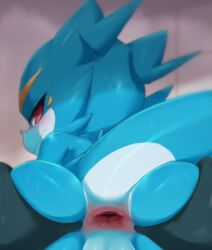 2022 anthro ass bandai_namco bent_over blue_body blue_butt blue_tail blush bodily_fluids butt_grab digimon digimon_(species) duo hand_on_butt looking_at_viewer looking_back looking_back_at_viewer rear_view shoru solo_focus spread_butt spreading sweat veemon