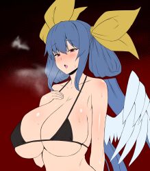 1girls angel_wings bangs bare_shoulders bikini bikini_top_only blue_hair blush breasts breath collarbone dizzy_(guilty_gear) female fuuma_(bangolga1) guilty_gear hair_between_eyes hair_rings half-closed_eyes hand_on_own_chest highres large_breasts long_hair mature_female milf open_mouth red_background red_eyes ribbon sagging_breasts sideboob sidelocks single_wing skindentation solo steam steaming_body sweat sweatdrop swimsuit twintails underboob upper_body wings yellow_ribbon