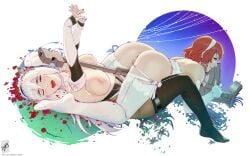 2girls 69 between_breasts breasts chaika_bogdan crossover dated female hairband hitsugi_no_chaika izetta multiple_girls open_mouth pussy red_hair rifle shuumatsu_no_izetta themaestronoob thighhighs uncensored weapon white_legwear yuri