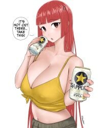 1girls aki-chan_(dismaiden) beer beer_can big_breasts cleavage dismaiden female female_only hime_cut light-skinned_female long_hair offering_beer offering_to_viewer red_hair talking_to_viewer