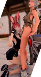 1futa 1girls 3d artist_request blue_eyes bottomless bunny_girl cat_ears cat_girl catgirl clothed clothing cum_on_mouth cumming duo eating_cum eyes_rolling_back fellatio female final_fantasy final_fantasy_xiv fully_clothed futa_on_female futanari futasub gpose(ffxiv) huangmeiling kneeling miqo'te on_desk oral partially_clothed red_hair source_request standing sucking sucking_penis tongue_out tongue_out_during_fellatio viera white_hair