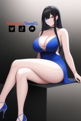 ai_generated artist_self-insert bare_legs blue_dress blue_eyes blue_heels cleavage crossed_legs dress emzie01 funemily1 heels heterochromia large_breasts long_hair nai_diffusion red_eyes sitting smirk stable_diffusion tagme thighs watermark