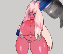 absurd_res anthro big_breasts blue_eyes breasts eyelashes female female/female genitals hammer hi_res huge_breasts humanoid looking_at_viewer miyang_draws! nintendo nipples pokémon_(species) pokemon pokemon_(species) pokemon_sv pokemorph pussy simple_background solo thick_thighs tinkaton tools video_games weapon