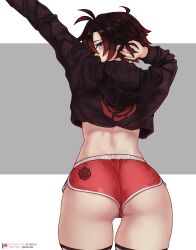 1girls 2d artist_name ass big_ass bluefield booty_shorts female female_only jacket light-skinned_female light_skin looking_at_viewer looking_back pale-skinned_female pale_skin ruby_rose rwby simple_background solo watermark