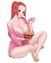 1girls aki-chan_(dismaiden) barefoot cleavage dismaiden eating feet female female_only huge_breasts light-skinned_female ramen