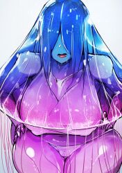 blue_background blue_hair blue_skin breasts clitoris colored_skin commentary commission covered_collarbone covered_eyes covered_nipples cowboy_shot crop_top english_commentary female hair_over_eyes hands_on_hips happy huge_breasts jellyfish_girl leaning_forward long_hair menyang monster_girl multicolored_skin my700 navel no_pants open_mouth original panties pink_panties pink_shirt pink_skin pussy see-through shiny shiny_hair shiny_skin shirt sidelocks simple_background sleeveless sleeveless_shirt smile solo standing thick_thighs thighs tongue transparent two-tone_skin uncensored underwear wide_hips