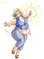 android android_18 bbw belly big_belly big_breasts blonde_hair blue_eyes blush breasts chubby chubby_female dragon_ball dragon_ball_super dragon_ball_z embarrassed energy_ball fat fat_fetish fetish floralshoppe hips jeans kink milf obese overweight overweight_female plump ripped_clothing ripped_pants sandals short_hair stretched_clothing sweat sweatdrop sweaty sweaty_body thick_thighs thighs unbuttoned_shirt underbelly voluptuous voluptuous_female wide_hips