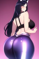 ahri ai_generated ass_focus big_breasts black_tank_top blue_eyes curvy curvy_figure fox_ears gigantic_ass huge_ass latex league_of_legends long_hair nai_diffusion purple_hair purple_leggings seductive_smile shiny_hair shiny_skin stable_diffusion