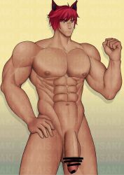 1boy abs aisaki_ph2 aisakiph armpits big_nipples big_penis censor_bar censored censored_penis cock league_of_legends league_of_legends:_wild_rift male_only manspreading muscle muscular muscular_male nipple_bulge nipples penis sett