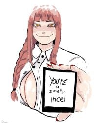 1girls 2d big_breasts breasts chainsaw_man cleavage female humiliation incel long_hair looking_at_viewer makima_(chainsaw_man) office_lady red_hair smile smug smug_face smug_smile uniform