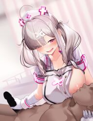 1boy 1girls ahoge apron arou_(arrow_x666) bandaged_arm bandages big_breasts big_penis breast_sucking breastfeeding breasts censored dark-skinned_male dark_skin erection eyes_visible_through_hair faceless faceless_male gloved_handjob gloves grabbing grey_hair hair_ornament hair_over_one_eye handjob hat large_breasts large_penis light-skinned_female light_skin lying_on_lap mole mole_under_eye nijisanji nipples nurse nurse_cap nursing_handjob penis purple_eyes sharp_teeth short_sleeves straight sukoya_kana teeth twintails virtual_youtuber white_apron white_gloves white_headwear white_wrist_cuffs wrist_cuffs x_hair_ornament