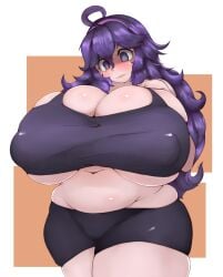 1girls 2022 breasts chubby chubby_female cleavage curvaceous curvy female female_focus game_freak gigantic_breasts goth hands_on_breasts hex_maniac hi_res high_resolution highres huge_breasts long_hair looking_down midriff nipple_bulge obese obese_female plump pokemon purple_hair shiruhiya shorts solo solo_female solo_focus top_heavy underboob voluptuous