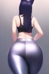 ahri ai_generated ass_focus black_hair black_tank_top curvy curvy_figure fox_ears gigantic_ass grey_leggings huge_ass latex league_of_legends long_hair nai_diffusion shiny_clothes stable_diffusion