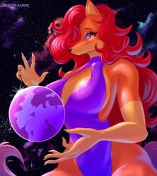 1girls anthro canine detailed_background dress female female_only firefox fox fox_ears galaxy hair_over_one_eye hi_res joxdkauss long_hair looking_at_viewer narrowed_eyes orange_body planet red_eyes red_hair solo