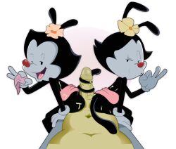 2girls 2girls1boy animaniacs animaniacs_(2020) anthro ass buttjob cum cum_on_ass dot_warner fingers gosgoz hand_gesture human human_on_anthro male_human/female_anthro male_on_anthro penis skirt tail threesome toony unseen_male_face