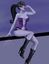 bare_arms bare_shoulders blush boots female food licking long_hair looking_at_viewer mavruda overwatch purple_skin sitting tongue visor widowmaker