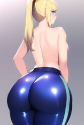 ai_generated ass_focus blonde_hair blue_eyes blue_leggings curvy curvy_female curvy_figure gigantic_ass huge_ass latex looking_at_viewer metroid nai_diffusion ponytail samus_aran seductive_smile shiny_clothes shiny_hair shiny_skin stable_diffusion