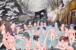 artist_request ass bath bathhouse bent_over breasts female female_only multiple_girls murphy nipples nude nude_female peeing pussy standing