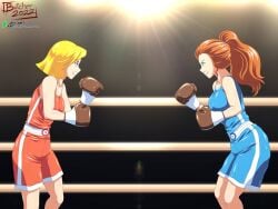 2girls alternate_version_available big_breasts blonde_hair blue_eyes blue_shorts blue_tank_top boxing boxing_gloves boxing_match boxing_ring boxing_shorts breasts brown_boxing_gloves brown_gloves butcherstudios cartoon clenched_teeth clover_(totally_spies) eyebrows_visible_through_hair female female_only gloves green_eyes light-skinned_female light_skin lips lipstick orange_hair orange_shorts orange_tank_top ponytail sam_(totally_spies) short_hair shorts tank_top thick thick_hips thick_thighs tied_hair totally_spies wide_hips