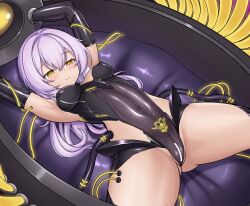 armpits arms_up azur_lane bar_censor black_leotard blush bondage bound breasts budesonide censored chinese_commentary corruption covered_navel covered_nipples dark_persona female femsub grey_hair hair_down highres javelin_(azur_lane) leotard long_hair lying medium_breasts pubic_tattoo restrained revealing_clothes shiny_clothes siren_(azur_lane) smile solo spread_legs stationary_restraints tattoo tight_clothing yellow_eyes