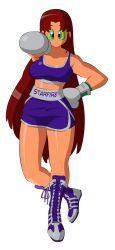 1girls alternate_version_available auburn_hair big_breasts boxing boxing_gloves boxing_shorts breasts dc female female_only gloves grey_boxing_gloves grey_gloves long_hair meradaartwork name_on_clothing purple shorts solo sports_bra starfire tagme teen_titans white_background