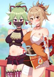 2girls bandages big_breasts breasts choker clothed clothed_female clothing female female_only genshin_impact green_hair kuki_shinobu looking_at_viewer mask masked_female milssak navel purple_eyes tattoo yoimiya_(genshin_impact)