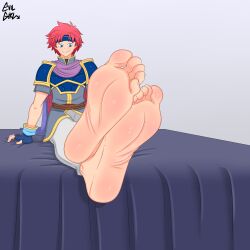 1boy barefoot blue_eyes evilgirl feet fingerless_gloves fire_emblem fire_emblem:_the_binding_blade foot_fetish foot_focus gloves male male_only masturbation nintendo on_bed red_hair roy_(fire_emblem) short_hair smile solo