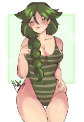 1girls big_breasts blush blush_lines blushing_at_viewer cheryl_(pokemon) female green_eyes green_hair hand_on_breast hand_on_hip heart-shaped_pupils lips long_hair looking_at_viewer mantislord midriff nipple_piercing nipples nipples_visible_through_clothing pinup pinup_pose pokemon pokemon_dppt pokemon_trainer smiling standing striped_clothing swimsuit swimsuits swimwear thick_thighs thigh_gap thighs wink