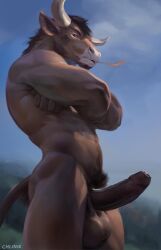 1boy anthro arms_crossed beard bovid chunie fur furry hooves horn horns minotaur penis solo_male wheat_in_mouth