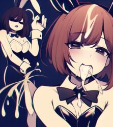 ai_generated blush brown_hair bunnysuit chara close-up closed_eyes cum cum_in_hair cum_in_mouth cum_on_breasts cum_on_face female female_chara female_frisk female_human female_only frisk human nai_diffusion playboy_bunny stable_diffusion undertale undertale_(series)