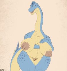 1girls anthro areola artist_name belly big_areola big_belly blue_body bodily_fluids brachiosaurid brachiosaurus breana_(upai) breasts dinosaur erect_nipples female female_only front_view genitals hi_res holding_breast humanoid_genitalia humanoid_pussy lactating lactation long_neck looking_at_viewer narrowed_eyes navel nipples nude open_mouth overweight overweight_anthro overweight_female portrait pubes puffy_nipples pussy reptile sauropod scalie simple_background solo standing teeth three-quarter_portrait upai wide_hips yellow_body yellow_breasts