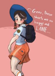 1girls backpack blouse blue_hat blush braided_hair brown_eyes brown_hair clothed clothed_female clothing english_text female female_only hair_ornament hair_ribbon hat human humanoid juliana_(pokemon) nintendo orange_shorts pokemon pokemon_sv short_hair shorts socks solo text white_blouse