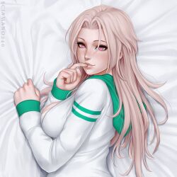 breasts_out_of_clothes chloe_(sciamano240) dakimakura_design finger_on_lip freckles grabbing_sheets hi_res laying_on_bed looking_at_viewer looking_back_at_viewer mirco_cabbia oc original original_character pale_skin pink_eyes pink_hair sciamano240 smile smiling smiling_at_viewer sweater