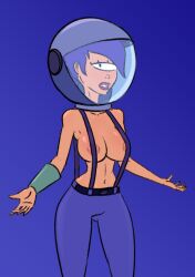 2d areolae big_breasts breasts cyclops diklonius female futurama looking_at_viewer purple_hair space_helmet suspenders topless topless_female turanga_leela wrist_computer