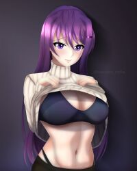 1girls black_bra black_leggings black_panties bra doki_doki_literature_club female leggings lifting_shirt lifting_turtleneck looking_at_viewer panties purple_eyes purple_hair shirt_lift smile smiling smiling_at_viewer solo standing turtleneck turtleneck_sweater vexxon yuri_(doki_doki_literature_club)