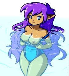 1girls 2022 blue_eyes blush breasts breasts_out exposed_breasts female female_only jezmm long_hair nipples partially_submerged purple_hair shantae shantae_(character) smooth_skin solo water wet