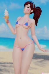 1girls 3d asian asian_female beach bikini breasts brown_eyes brown_hair d.va female hana_song ice_cream light-skinned_female light_skin looking_at_viewer medium_breasts navel navel_piercing nemesis_3d nipple_bulge overwatch ponytail solo sunglasses sunglasses_on_head whisker_markings