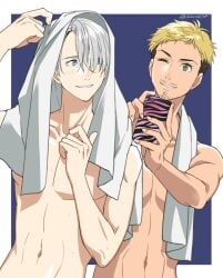 10s 2boys 92_(artist) blonde_hair blue_eyes brown_hair cellphone christophe_giacometti facial_hair green_eyes highres male_focus multicolored_hair multiple_boys one_eye_closed phone silver_hair smartphone smile topless_male towel towel_around_neck towel_on_head two-tone_hair viktor_nikiforov yuri!!!_on_ice