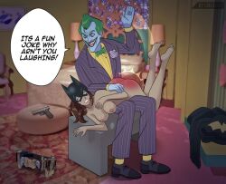 barbara_gordon batgirl batman_(series) crying crying_with_eyes_open dc dc_comics joker loulouvz male mask_only over_the_knee_spanking spanked spanking superheroine