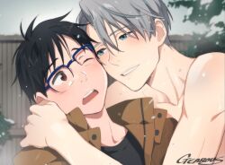 2boys black_hair blue-framed_eyewear blue_eyes brown_eyes cheek-to-cheek coat gearous glasses heads_together hug katsuki_yuuri male_focus multiple_boys one_eye_closed open_mouth silver_hair smile snowing tree viktor_nikiforov yuri!!!_on_ice