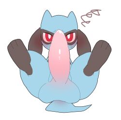 anthro ass balls blue_body blush frown generation_4_pokemon genitals hi_res humanoid_genitalia humanoid_penis male nintendo okazu penis pokémon_(species) pokemon pokemon_(species) red_eyes riolu simple_background solo video_games white_background