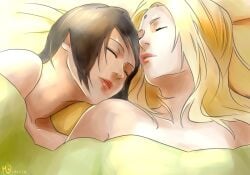 2girls bed bed_sheet black_hair blonde_hair closed_eyes cuddling female_only implied_yuri lipstick makeup may_c_(lovemeiko) multiple_girls naruto naruto_(series) naruto_shippuden shizune short_hair sleeping sleeping_nude sleeping_together tagme teacher_and_student tsunade under_covers yuri