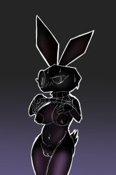 anthro big_breasts black_body black_skin blackbeet blush blush_lines bodily_fluids breasts clothed clothing clothing_lift curvy_figure ears_up female genitals hand_on_breast hi_res lagomorph leporid looking_at_viewer mammal narrowed_eyes navel nipples presenting presenting_breasts pussy rabbit shirt shirt_lift solo sweat sweatdrop tail_tuft thick_thighs topwear tuft vib-ribbon vibri video_games wide_hips