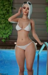 1girls 3d ashe_(overwatch) bikini breasts hips navel_piercing nemesis_3d nude overwatch pool sunglasses sunglasses_on_head thick thick_thighs thighs white_bikini white_bra white_hair white_panties