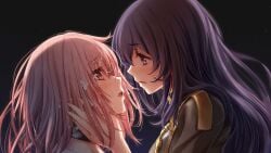 2girls black_background blue_hair brown_eyes cum cum_on_hair dead_end_aegis eye_contact facial game_cg head_grab iizuka_minori kisaragi_nana_(dead_aegis) long_hair looking_at_another multiple_girls open_mouth pink_hair purple_eyes straight_hair ueda_metawo upper_body yuri