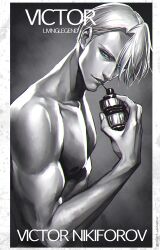 10s 1boy blue_eyes bottle character_name greyscale hayasu highres male_focus monochrome muscular perfume_bottle silver_hair solo spot_color topless_male twitter_username viktor_nikiforov yuri!!!_on_ice